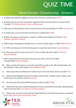 World Snooker Championship Quiz Answers