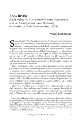 Sarah Haley, No Mercy Here: Gender, Punishment, and the Making of Jim Crow Modernity (University of North Carolina Press, 2016)