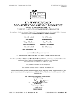 State of Wisconsin Department of Natural Resources Permit to Discharge Under the Wisconsin Pollutant Discharge Elimination System