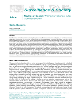 Article Playing at Control: Writing Surveillance In/For Gamified Society