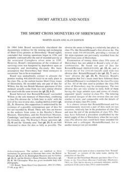 Short Articles and Notes the Short Cross Moneyers of Shrewsbury
