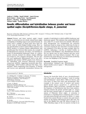 Genetic Differentiation and Hybridization Between Greater and Lesser Spotted Eagles (Accipitriformes:Aquila Clanga, A