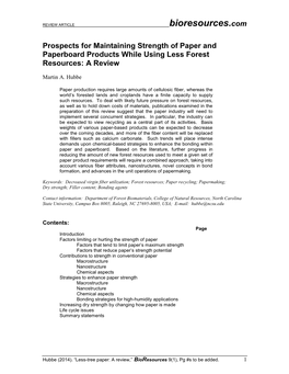 Prospects for Maintaining Strength of Paper and Paperboard Products While Using Less Forest Resources: a Review