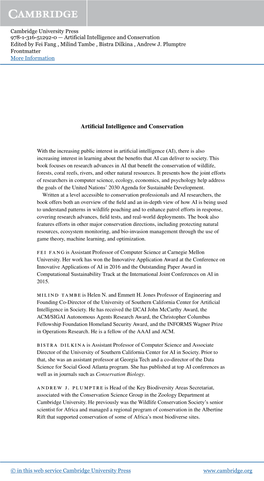 Artificial Intelligence and Conservation Edited by Fei Fang , Milind Tambe , Bistra Dilkina , Andrew J