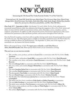Announcing the 17Th Annual New Yorker Festival, October 7-9, in New York City