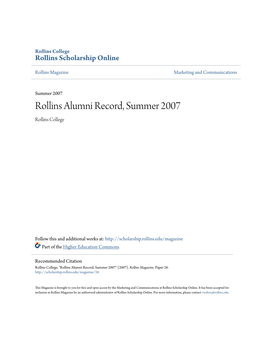 Rollins Alumni Record, Summer 2007 Rollins College