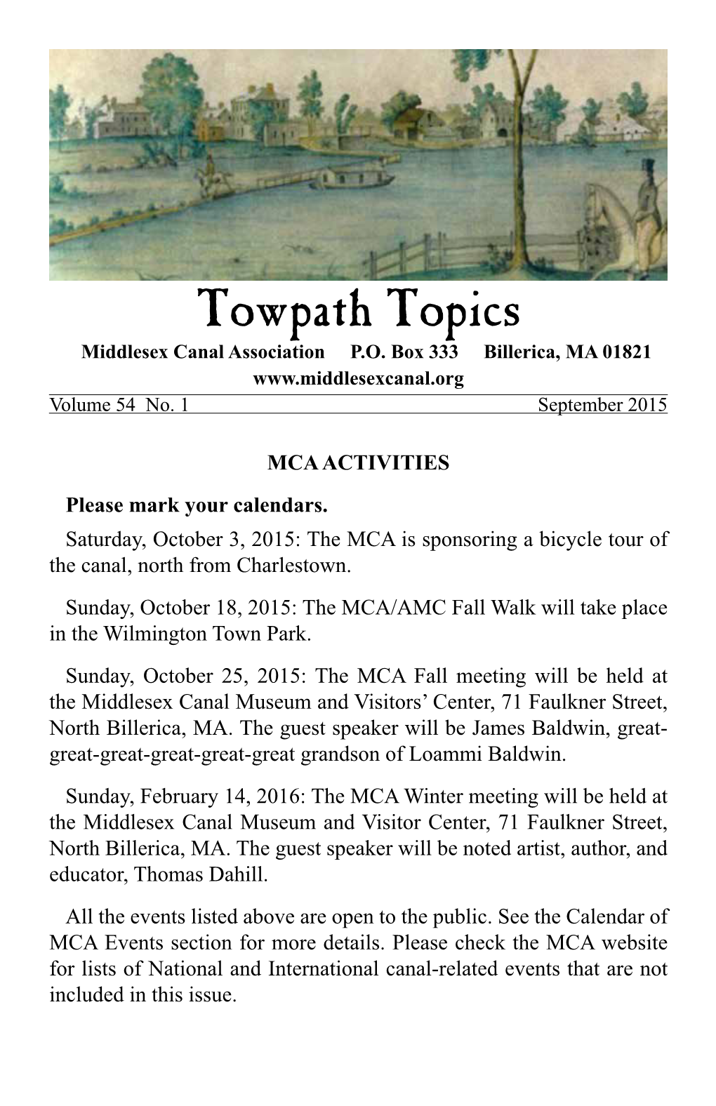 Towpath Topics Middlesex Canal Association P.O