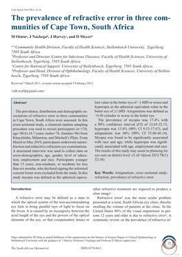 The Prevalence of Refractive Error in Three Com- Munities of Cape Town