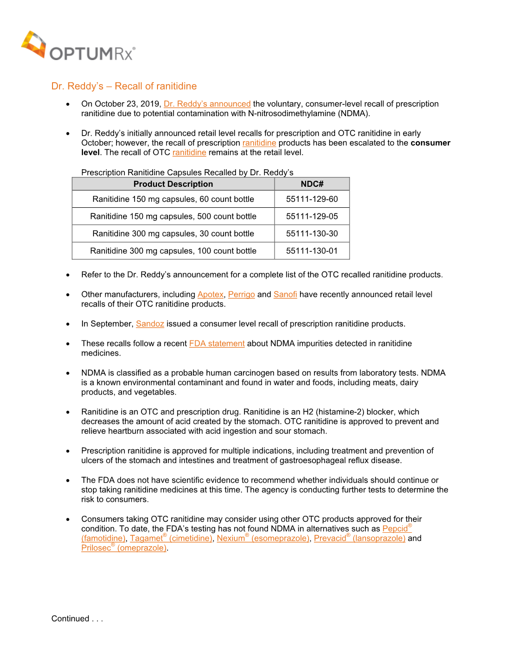 Dr. Reddy's – Recall of Ranitidine