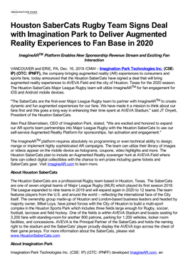 Houston Sabercats Rugby Team Signs Deal with Imagination Park to Deliver Augmented Reality Experiences to Fan Base in 2020