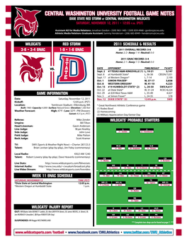 CENTRAL WASHINGTON UNIVERSITY FOOTBALL GAME NOTES DIXIE STATE RED STORM at CENTRAL WASHINGTON WILDCATS SATURDAY, NOVEMBER 12, 2011 • 12:05 P.M