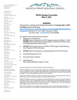 WFRC Budget Committee May 3, 2021 AGENDA