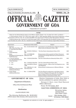 GOVERNMENT of GOA Election Commission of India, New Delhi Is Hereby Published for General Information