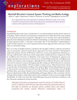Marshall Mcluhan's General System Thinking and Media Ecology Robert K