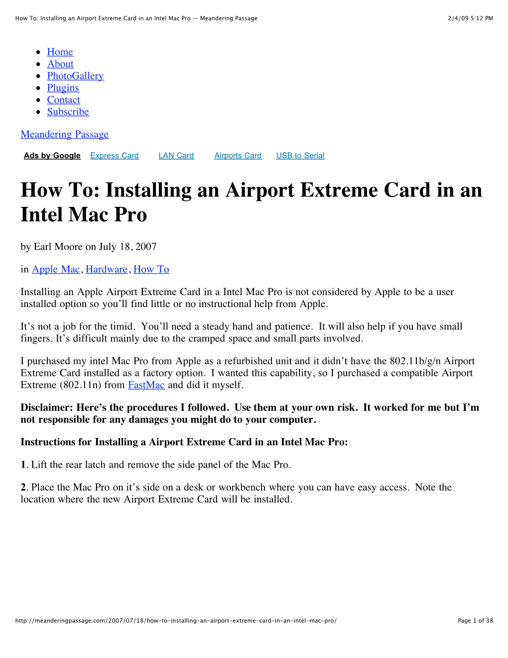 Installing an Airport Extreme Card in an Intel Mac Pro — Meandering Passage 2/4/09 5:12 PM