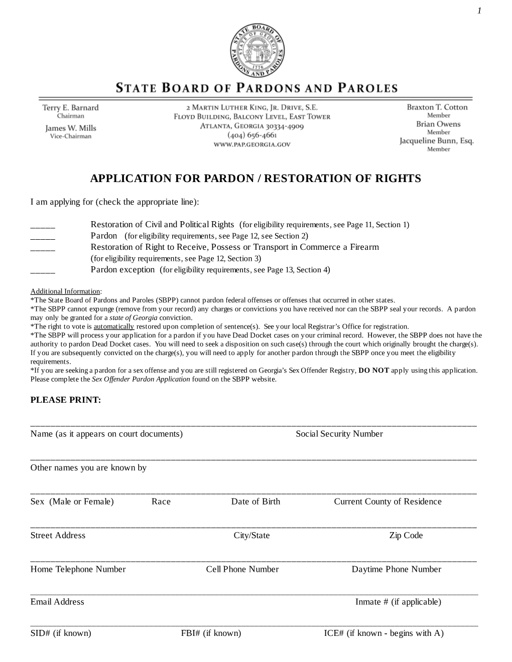 Application for Pardon / Restoration of Rights