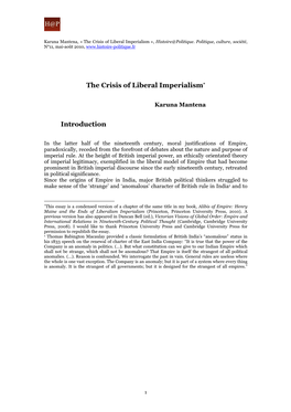 The Crisis of Liberal Imperialism* Introduction