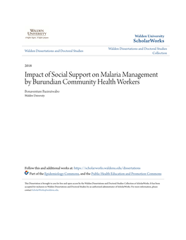 Impact of Social Support on Malaria Management by Burundian Community Health Workers Bonaventure Bazirutwabo Walden University