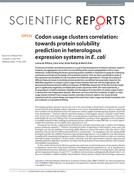 Codon Usage Clusters Correlation: Towards Protein Solubility Prediction in Heterologous Received: 20 March 2018 Accepted: 21 June 2018 Expression Systems in E