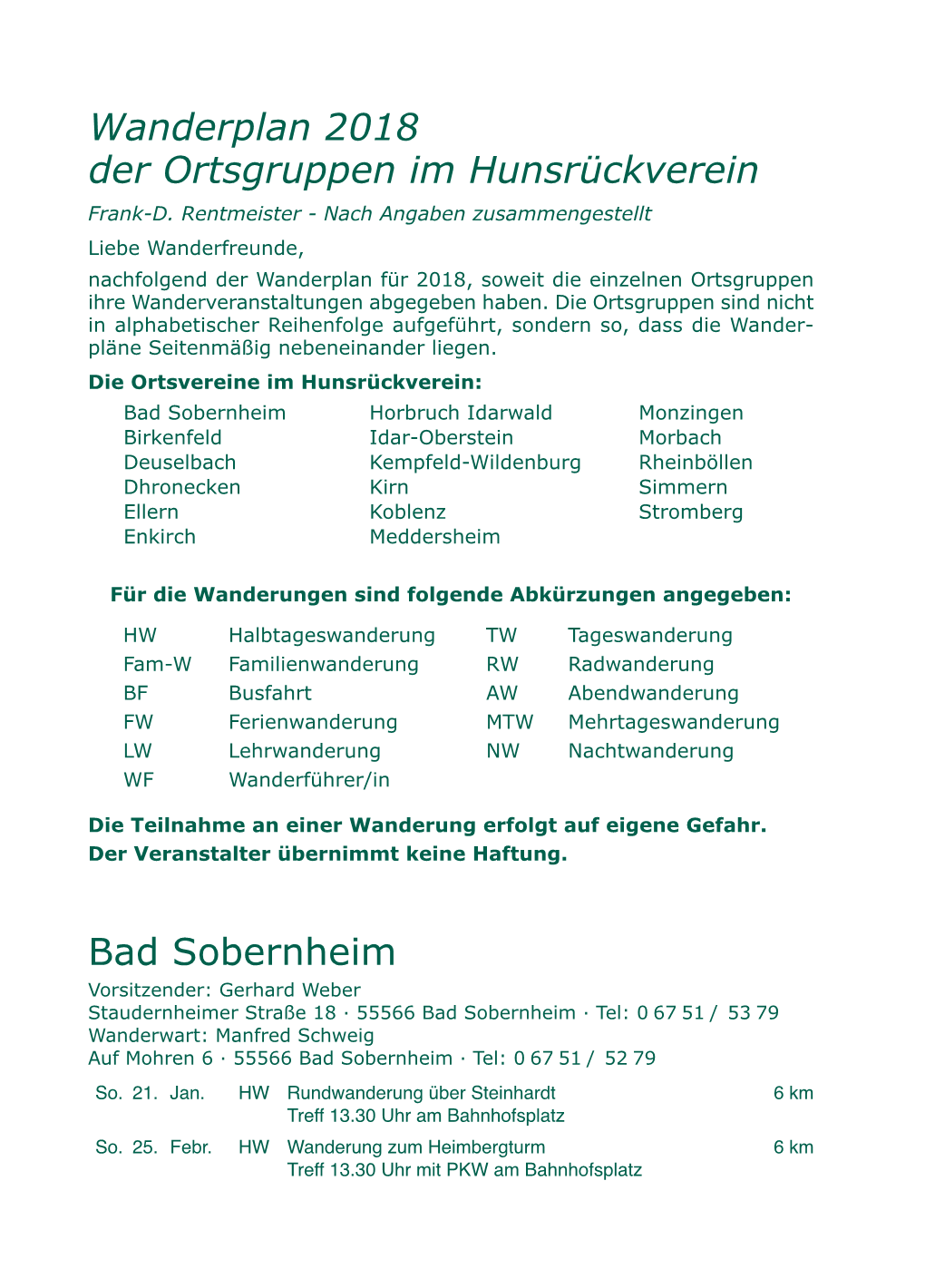 Bad Sobernheim Wanderplan 2018 Der Ortsgruppen Im Hunsrückverein