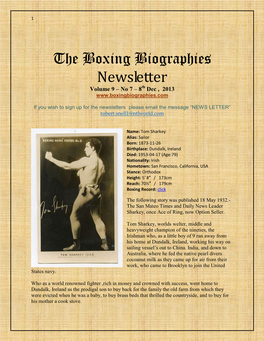 The Boxing Biographies Newsletter Volume 9 – No 7 – 8Th Dec , 2013