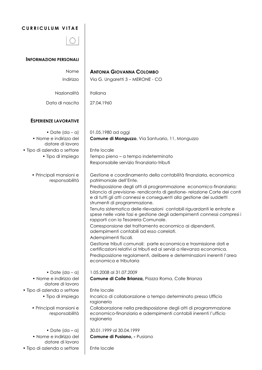 Formato Europeo Per Il Curriculum Vitae