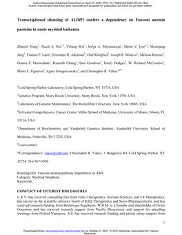 Transcriptional Silencing of ALDH2 Confers a Dependency on Fanconi Anemia Proteins in Acute Myeloid Leukemia