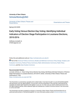 Early Voting Versus Election Day Voting: Identifying Individual Indicators of Election Stage Participation in Louisiana Elections, 2015-2016