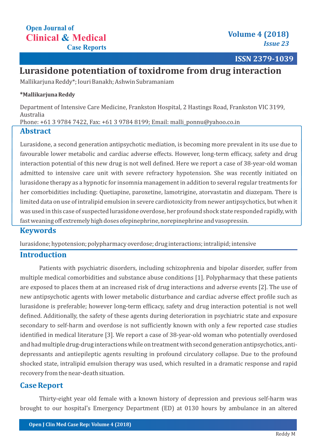 Clinical Medical & Lurasidone Potentiation of Toxidrome from Drug