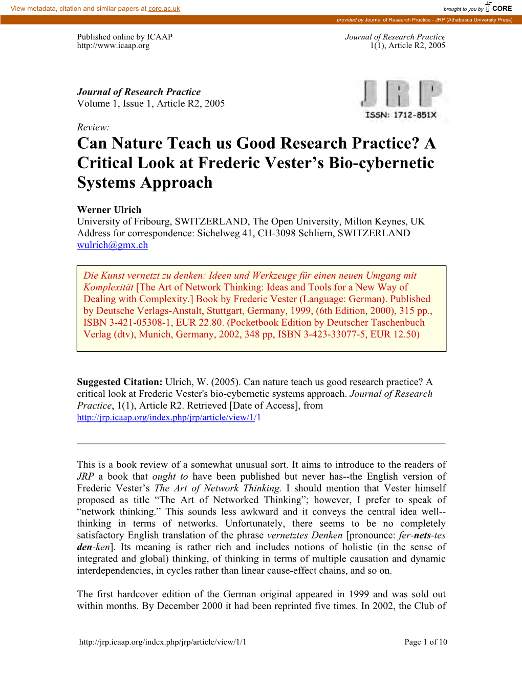 A Critical Look at Frederic Vester's Bio-Cybernetic Systems Approach