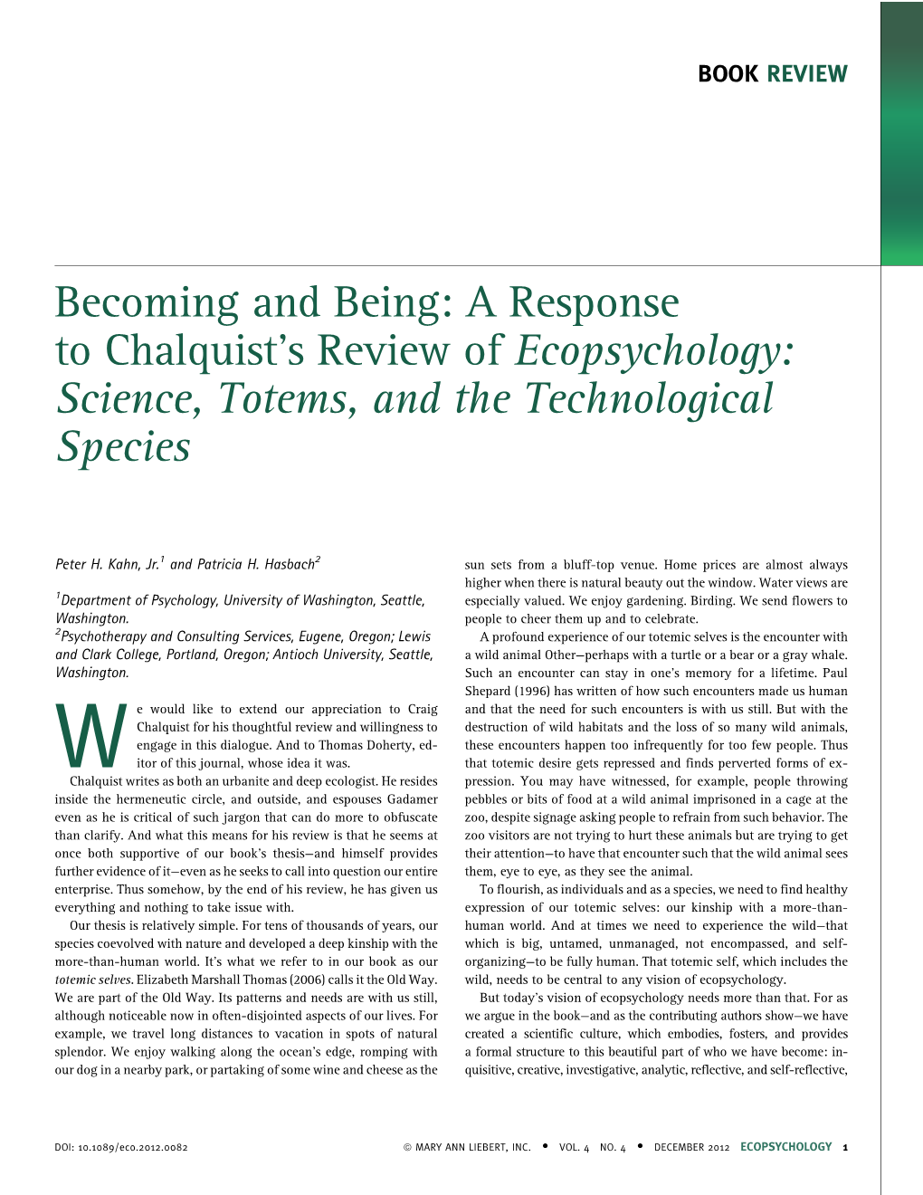 Becoming and Being: a Response to Chalquist's Review of Ecopsychology
