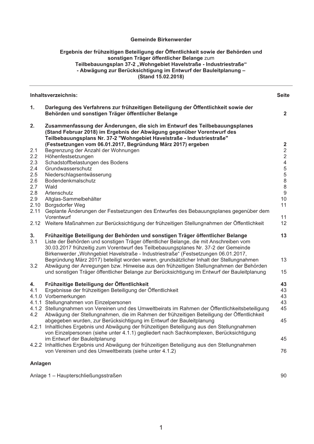 Gemeinde Birkenwerder Ergebnis Der Frühzeitigen Beteiligung Der