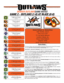 GAME 2 - OUTLAWS (1-0) at BLAZE (0-0) Friday, May 31 • Hempstead, N.Y