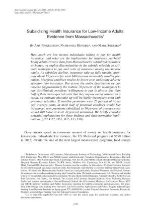 Subsidizing Health Insurance for Low-Income Adults: Evidence from Massachusetts: Dataset.” American Economic Review