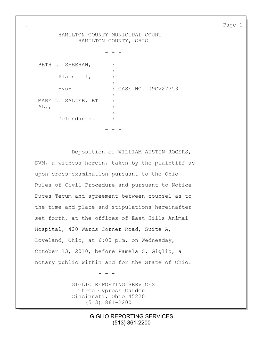 (513) 861-2200 GIGLIO REPORTING SERVICES Page 1 HAMILTON COUNTY MUNICIPAL COURT HAMILTON COUNTY, OHIO