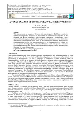 A Tonal Analysis of Contemporary Tai Khuen Varieties