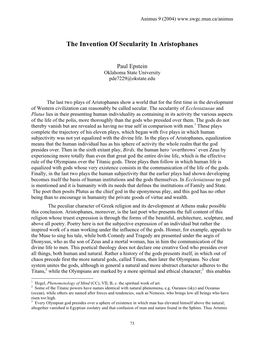 Paul Epstein, the Invention of Secularity in Aristophanes