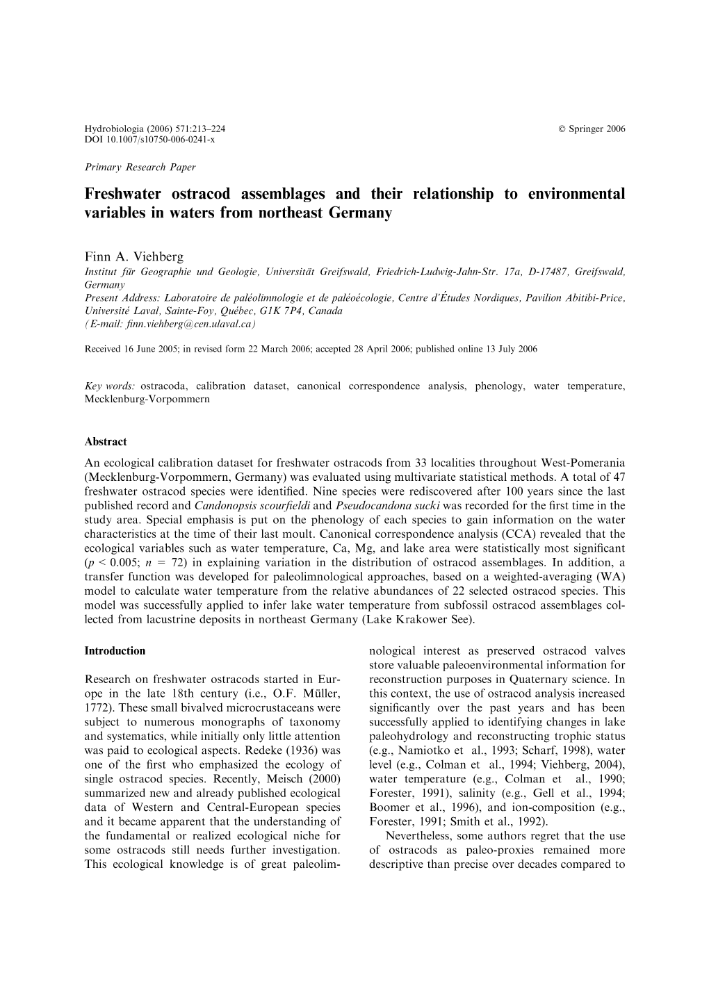 Freshwater Ostracod Assemblages and Their Relationship to Environmental Variables in Waters from Northeast Germany