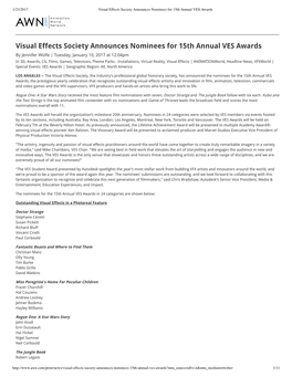Visual Effects Society Announces Nominees for 15Th Annual VES Awards