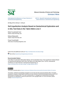 Soil Liquefaction Analysis Based on Geotechnical Exploration and in Situ Test Data in the Tabriz Metro Line 2
