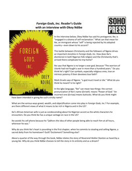 Foreign Gods, Inc. Reader's Guide with an Interview with Okey Ndibe
