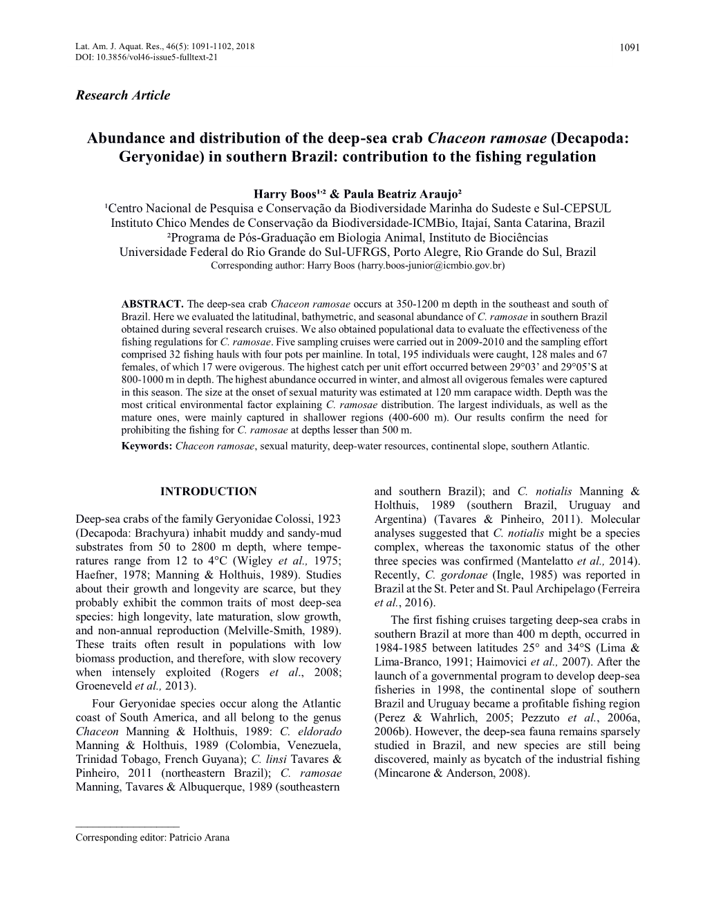 Abundance and Distribution of the Deep-Sea Crab Chaceon Ramosae (Decapoda: Geryonidae) in Southern Brazil: Contribution to the Fishing Regulation