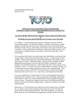 FOR IMMEDIATE RELEASE March 26, 2013 TOTO to STAGE