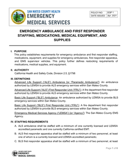 Emergency Ambulance and First Responder Staffing, Medications, Medical Equipment, and Supplies