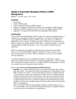 Adobe's Extensible Metadata Platform (XMP): Background [DRAFT -- Caroline Arms, 2011-11-30]