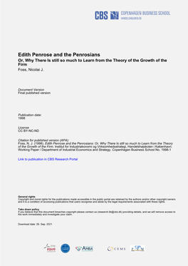 Edith Penrose and the Penrosians Or, Why There Is Still So Much to Learn from the Theory of the Growth of the Firm Foss, Nicolai J