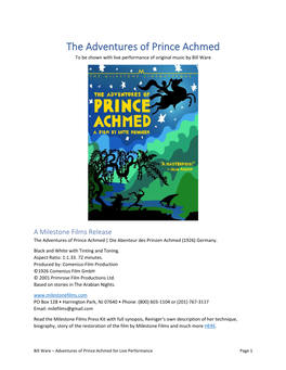 The Adventures of Prince Achmed to Be Shown with Live Performance of Original Music by Bill Ware