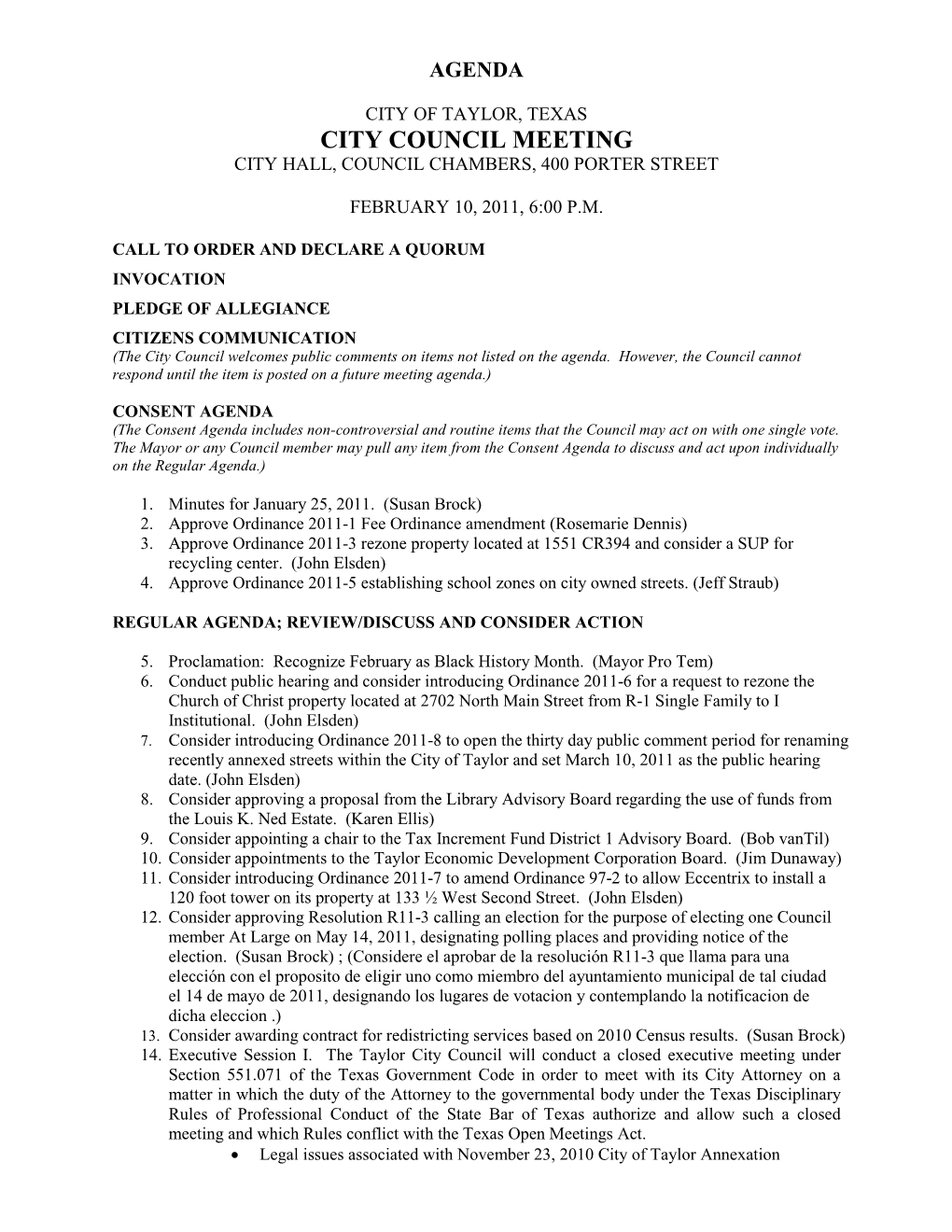 City Council Meeting City Hall, Council Chambers, 400 Porter Street