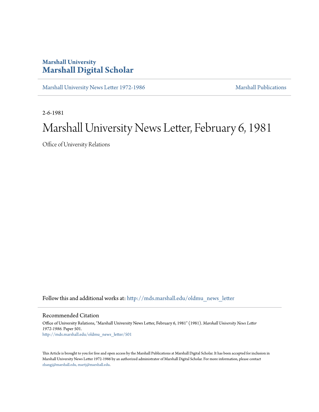 Marshall University News Letter, February 6, 1981 Office Ofni U Versity Relations