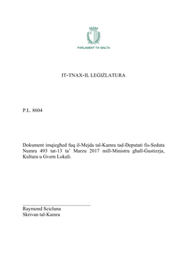 IT-TNAX-IL LEĠIŻLATURA P.L. 8604 Dokument Imqiegħed Fuq Il-Mejda